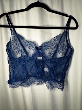 Lace Longline Bralette in Deep Blue XL Sexy Night Out New Without Tags